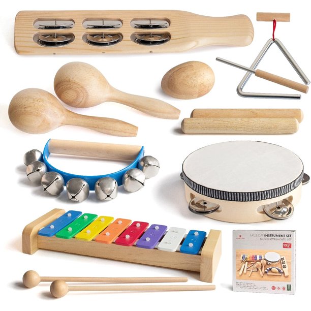 Set de instrumentos musicales MUSICUBE de madera, 13 piezas y xilófono de 13 teclas