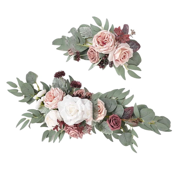 Guirnalda de flores colgante hecha a mano con hojas , arco de boda, corona de rosas para decoración de adorno de mesa de fondo de arco de boda , Blanco Rosa Morado Opción 5D