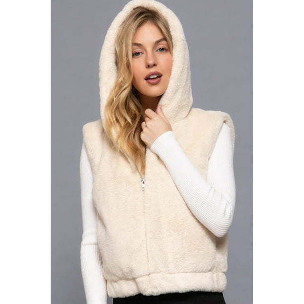 Saronite Sudadera con Capucha sin Mangas, Color Sólido, con Cierre Frontal de Piel Sintética y Dos Bolsillos Laterales, Color Blanco (para Mujer)