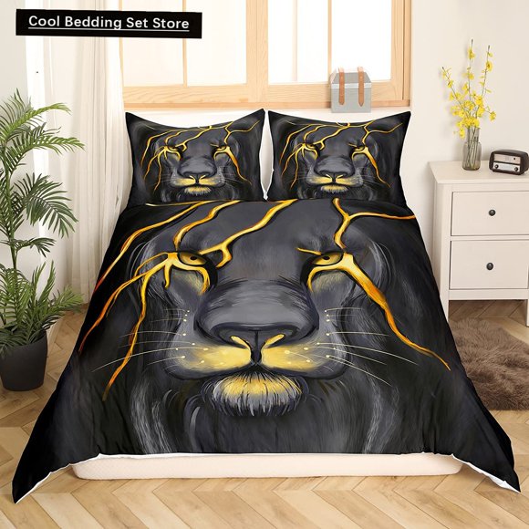 Lion Duvet Cover Animal Bedding Set Lightning Golden Lion Quilt Cover Grey Black Gold Polyester Quilt Cover Bed Sheets