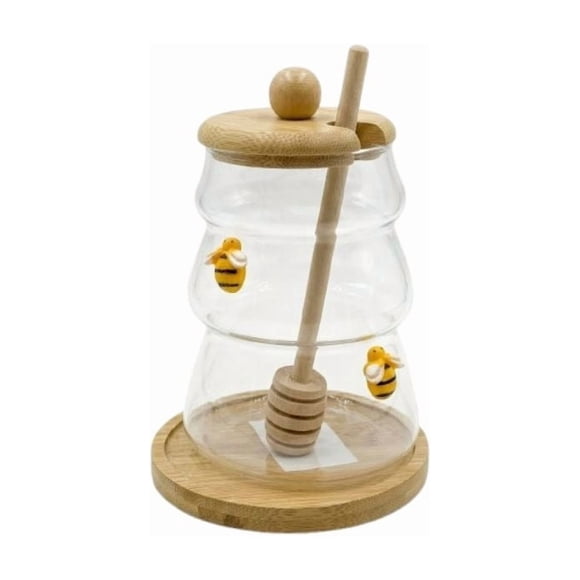 Frasco Miel Vidrio Forma Colmena Tapa Base Bambú Dipper Abejas Decorativas