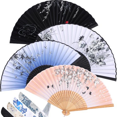 Ventiladores De Mano Plegables Zonon, Paquete De 4 Unidades, Seda Y Bambú Con Borla