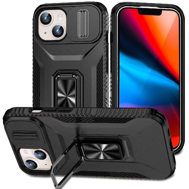 Funda Armada para iPhone 15 Plus con Tapa Deslizante y Soporte Magnético Giratorio Negro