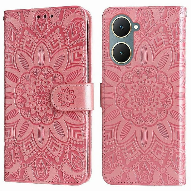 Funda tipo cartera FOXDOCK para Vivo Y03 4G , diseño girasol en relieve, cuero PU, cierre magnético, soporte y tarjetero