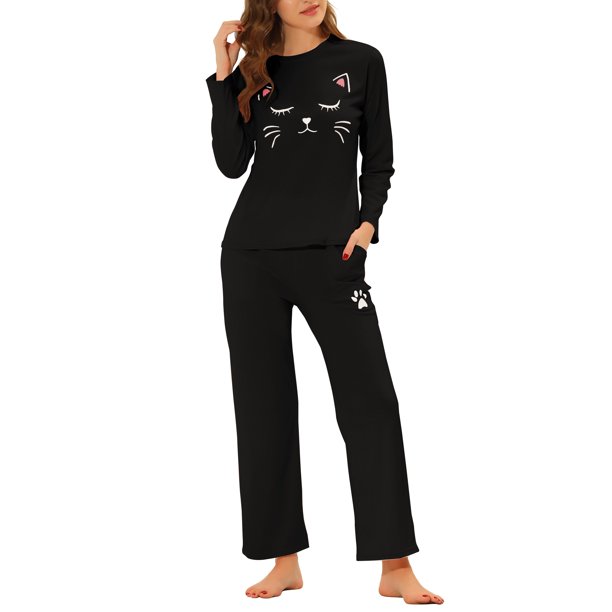 INSPIRE CHIC Conjuntos de Descanso para Mujer Camisetas de Manga Larga con Estampado de Gatos con Pantalones Pijamas con Bolsillos S Negro