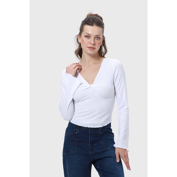 Polera Mujer Escote V Manga Flare Blanco