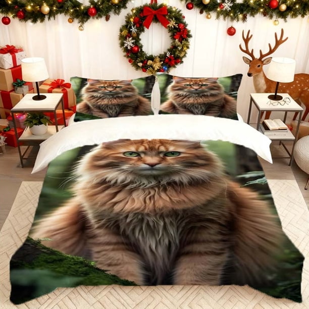 Featuring a Maine Coon Cat Design This Bedding Includes a Duvet Cover And Two Pillowcases It Is Soft And Comfortable Suitable for All Seasons