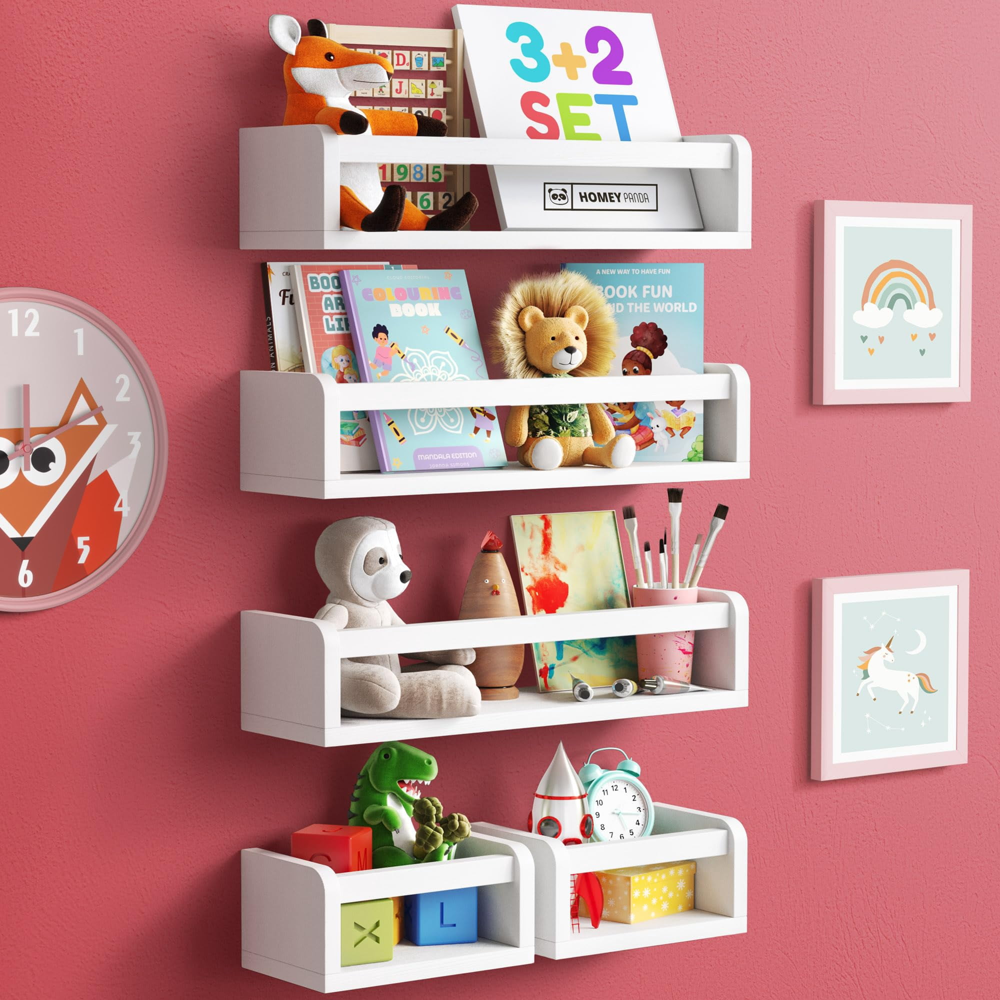 Estanterías Infantiles Montadas En La Pared Homey Panda, 3 De Largo Y 2 Pequeñas