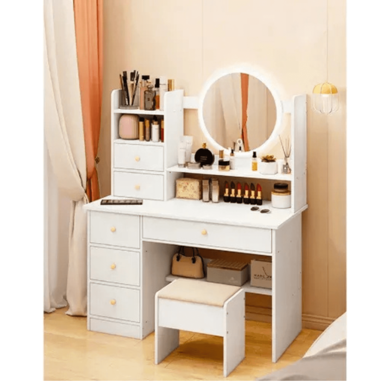 Genérico - Tocador De Maquillaje Con Espejo Led Y Con Taburete Blanco