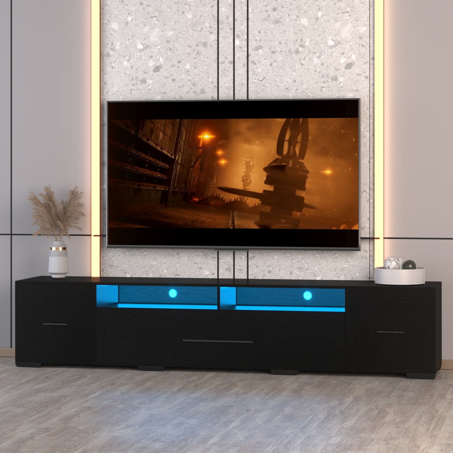 M&ms - [video] Tv Console With Storage Cabinets, Remote, App Control Long Led Tv Stand, Full Rgb Color Selection, 31 Modes Changing Lights Modern Entertainment Center With Power Cord (black, For 80 Inches)