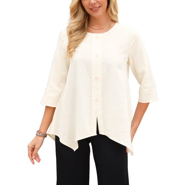 INSPIRE CHIC Blusas de Mujer con Parte Delantera Alta y Trasera Baja, Mangas 3/4, Cuello Redondo, Camisa Suelta Asimétrica con Botones, Blusa de Verano Túnica M Beige