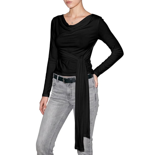INSPIRE CHIC Camisetas de Mujer de Modal Cuello Alto Manga Larga Suave Elástico Lazo Frontal Elegantes Camisas Blusa X Pequeño Negro