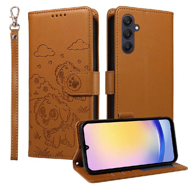 Funda Cartera para Samsung Galaxy A25 5G Perro Cachorro Grabado con Tarjetas Soporte Correa Marrón