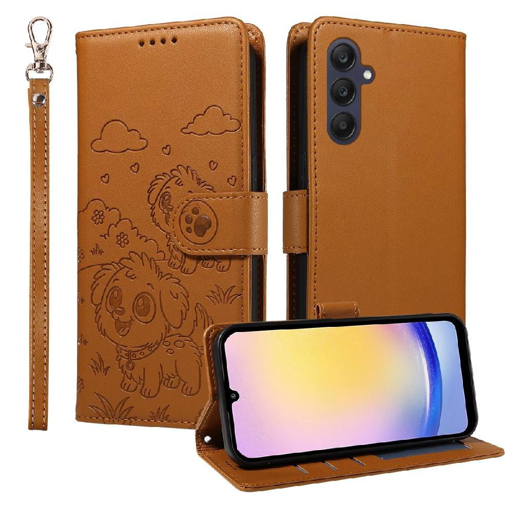 Foxdock - Funda Cartera Para Samsung Galaxy A25 5g Perro Cachorro Grabado Con Tarjetas Soporte Correa Marrón