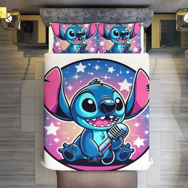 Stitch Being A Rock Star 3 Pieces Duvet Cover Set Full Size Super Soft Fade Resistant Microfiber