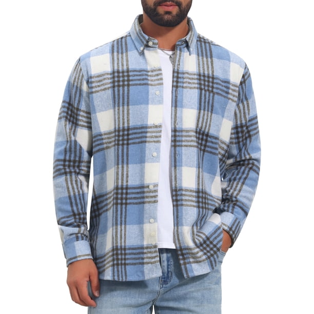 INSPIRE CHIC Camisa de Franela a Cuadros Retro de Manga Larga Casual de Algodón Cepillado para Hombre S Azul Gris