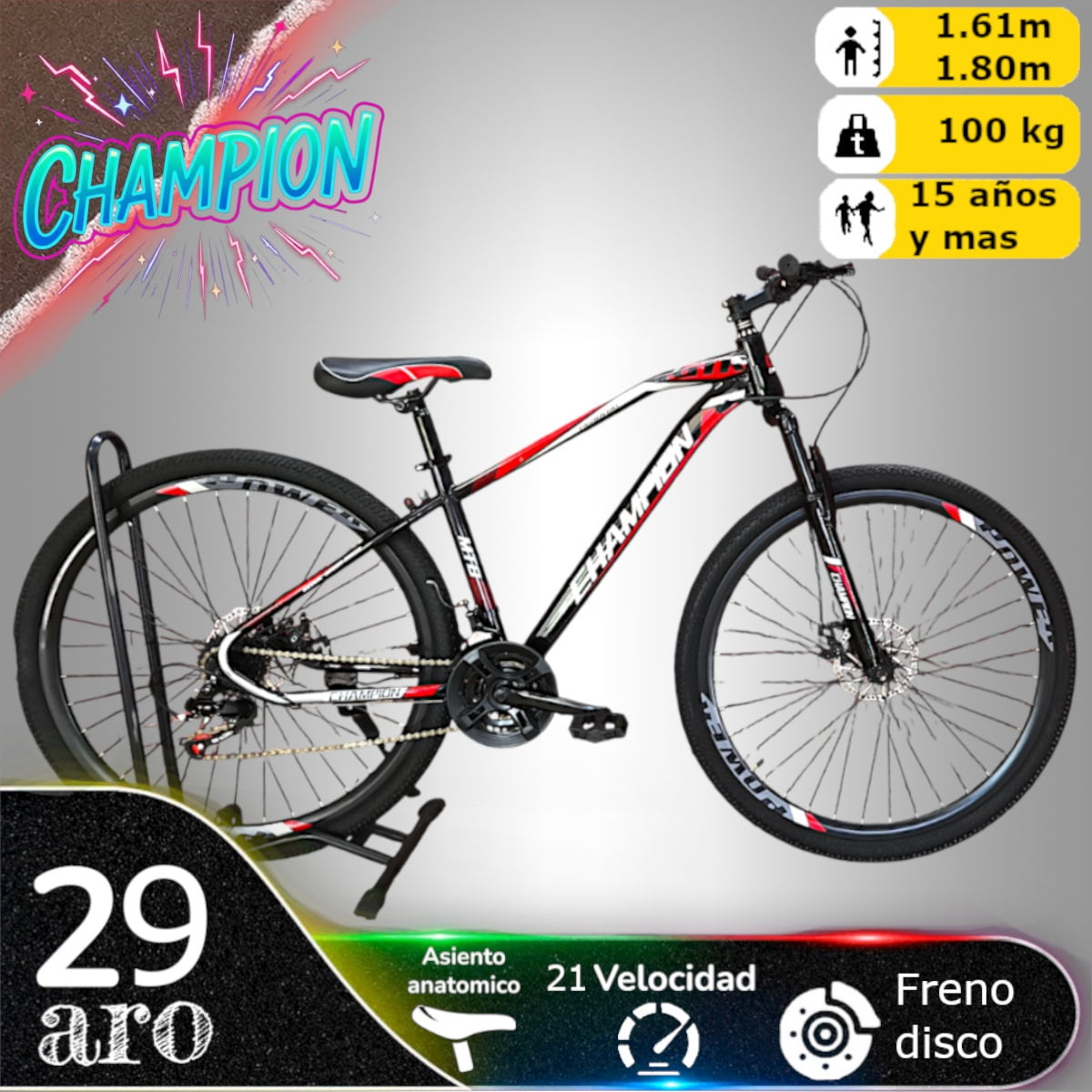 Vipnetwork - Bicicleta Aro 29 Champion 21 Veloc Y Freno Disco Negro Rojo