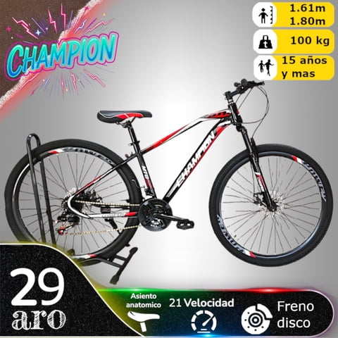 Vipnetwork - Bicicleta Aro 29 Champion 21 Veloc Y Freno Disco Negro Rojo
