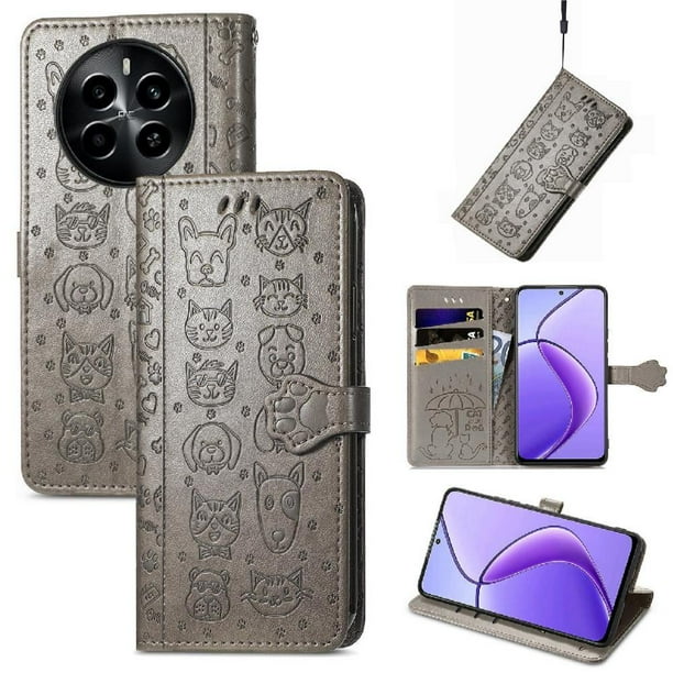 Funda Cartera FOXDOCK para Realme 13 Pro , Flip PU con Relieve de Gatos y Perros, Tarjetero y Soporte