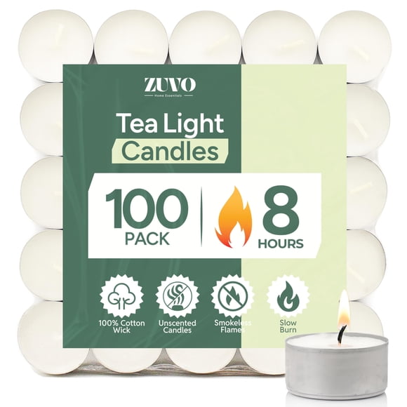 Velas de té Zuvo 8 Hour Burn (paquete de 100), color blanco