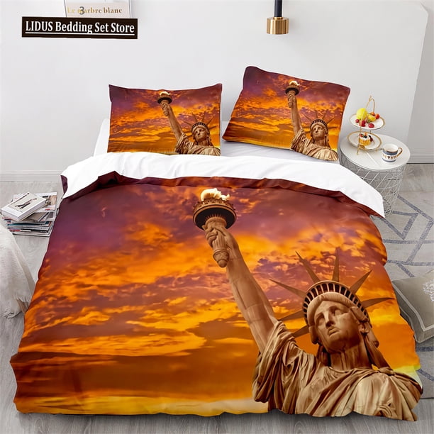 x2603 Bed SheetsAmerican City Landscape Duvet Cover Set Statue Of Liberty Pattern Size Comforter Cover For Teen Polyester Bedding Set 3-Piece Bedding Set (1 Duvet Cover + 2 Pillow Shams) nj2603