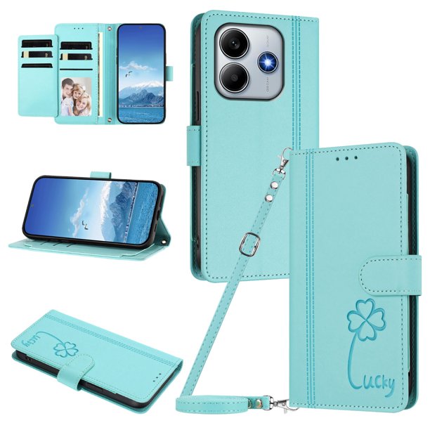 Funda Cartera Trébol para Xiaomi Redmi Note 14 4G con Ranuras Tarjetas y Carga Inalámbrica Verde menta