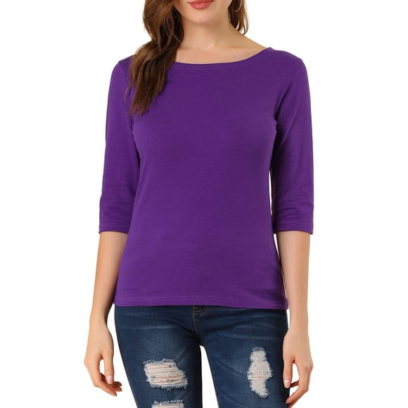 INSPIRE CHIC Camisetas de Mujer Mangas al Codo Cuello Barco Ajuste Ceñido Casual Camisetas Púrpura Oscuro XL