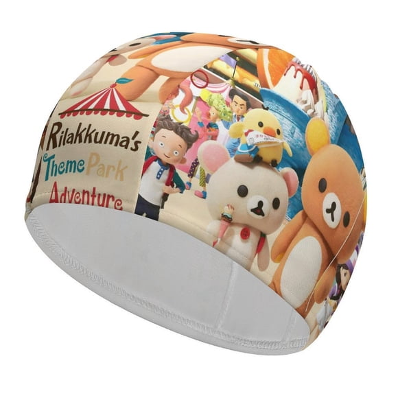 La aventura en el parque temático de Rilakkuma Gorro de Natación de Licra, Gorro de Baño de Tela Cómoda, Gorro Elástico Antideslizante para Hombres, Mujeres y Niños