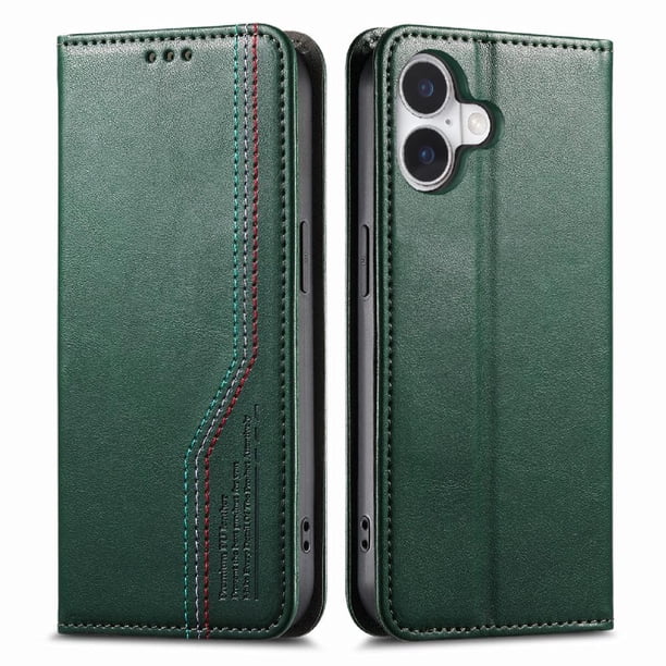 Funda tipo cartera para iPhone 16 de piel con cierre magnético, ranuras para tarjetas y correa para la muñeca Verde