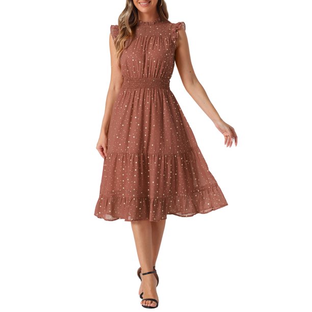 INSPIRE CHIC Vestido de Mujer de Chifón sin Mangas con Cintura Fruncida y Estrellas Metálicas Doradas para Fiesta Marrón XL