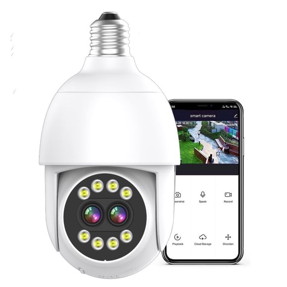 Bombilla de Luz Cámara de Seguridad Doble Lente Resolución 2K, IP65 2.4GHz Toma de Luz WiFi Cámaras de Seguridad, Giro/inclinación 360° Detección de Movimiento Humano Alarma Visión Nocturna en Color