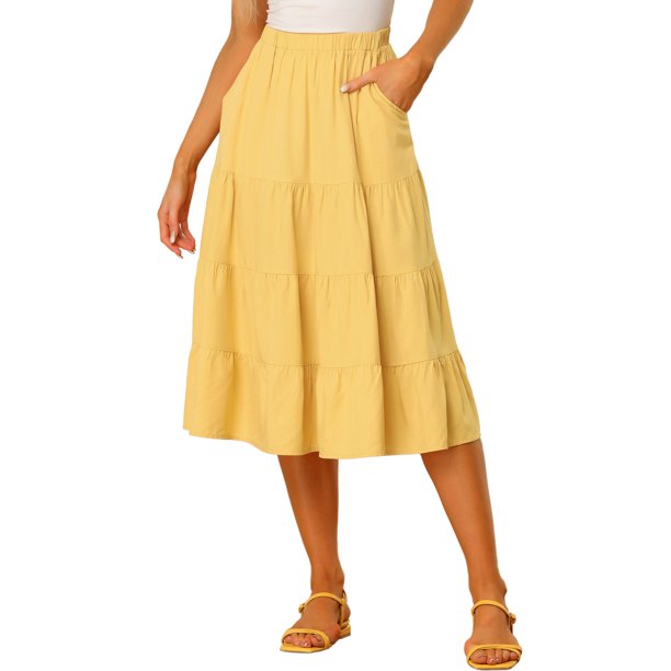 INSPIRE CHIC Falda Midi para Mujer Cintura Elástica Sólida Falda Acampanada en Línea A con Bolsillos Amarillo S