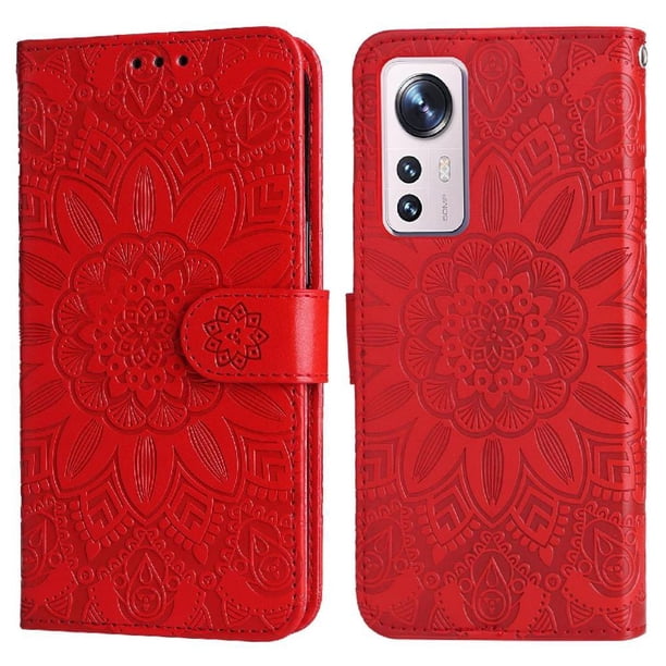 Funda tipo cartera FOXDOCK para Xiaomi 12 , diseño girasol en relieve, cuero PU, cierre magnético, soporte y tarjetero