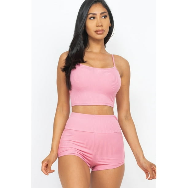 Conjunto de Top Corto de Tirantes Acanalado y Shorts Fruncidos