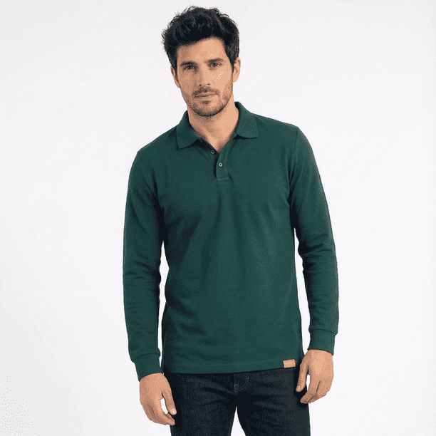 Polera Hombre Piqué Manga Larga Premium 60/40 Ideal Para Bordar Verde Pino