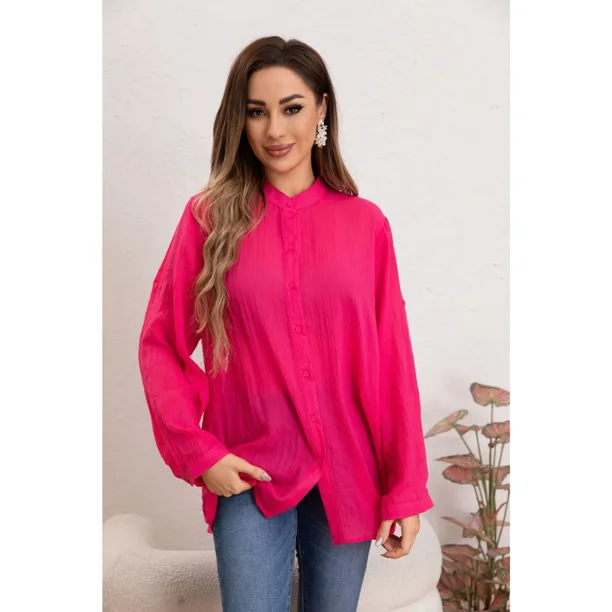 Blusa Mujer Lino Algodón Premium Liviana manga Larga Cuello Mao 8055