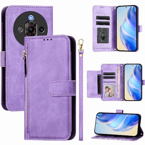 Funda Tipo Billetera para ZTE nubia Focus Pro con Cremallera Portatarjetas Soporte Correa de Muñeca Cuero púrpura