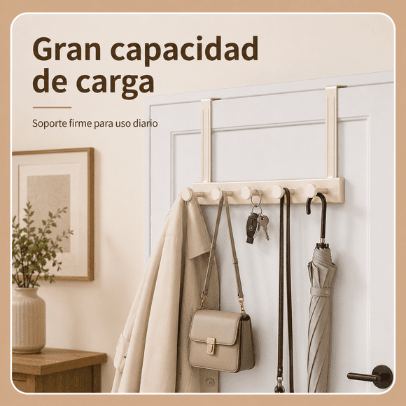 Perchero para Puerta Sin Taladro con 5 Ganchos Color Blanco Crema