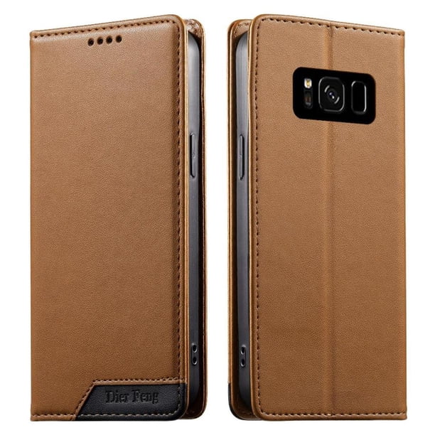 Funda Tipo Cartera de Cuero Sintético para Samsung Galaxy S8 Bloqueo RFID, con Ranuras para Tarjetas y Bolsillo para Efectivo, Cierre Magnético Fuerte Marrón