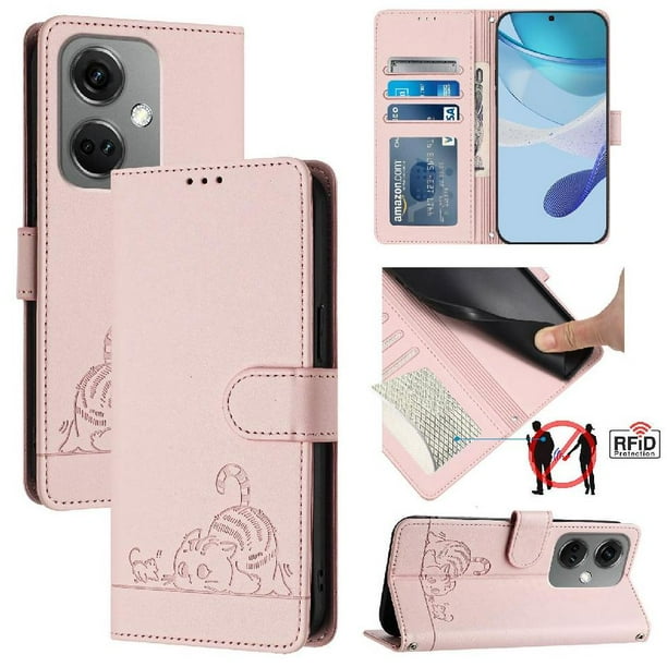 Funda tipo cartera FOXDOCK para OnePlus Nord CE3 5G con soporte, ranuras, RFID, diseño de gato