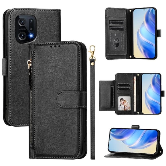 Funda tipo libro para OPPO Find X5 con bolsillo con cremallera, cierre magnético, 7 ranuras para tarjetas y correa para la muñeca.