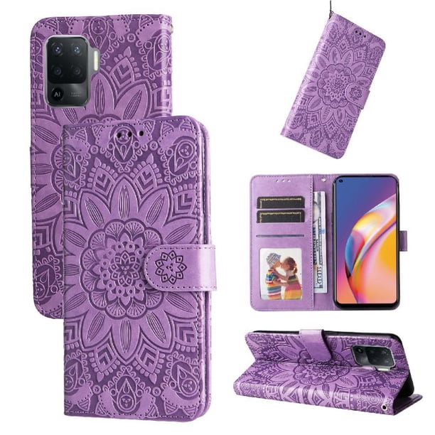 Funda tipo cartera FOXDOCK para OPPO Reno 5F , diseño girasol en relieve, cuero PU, cierre magnético, soporte y tarjetero