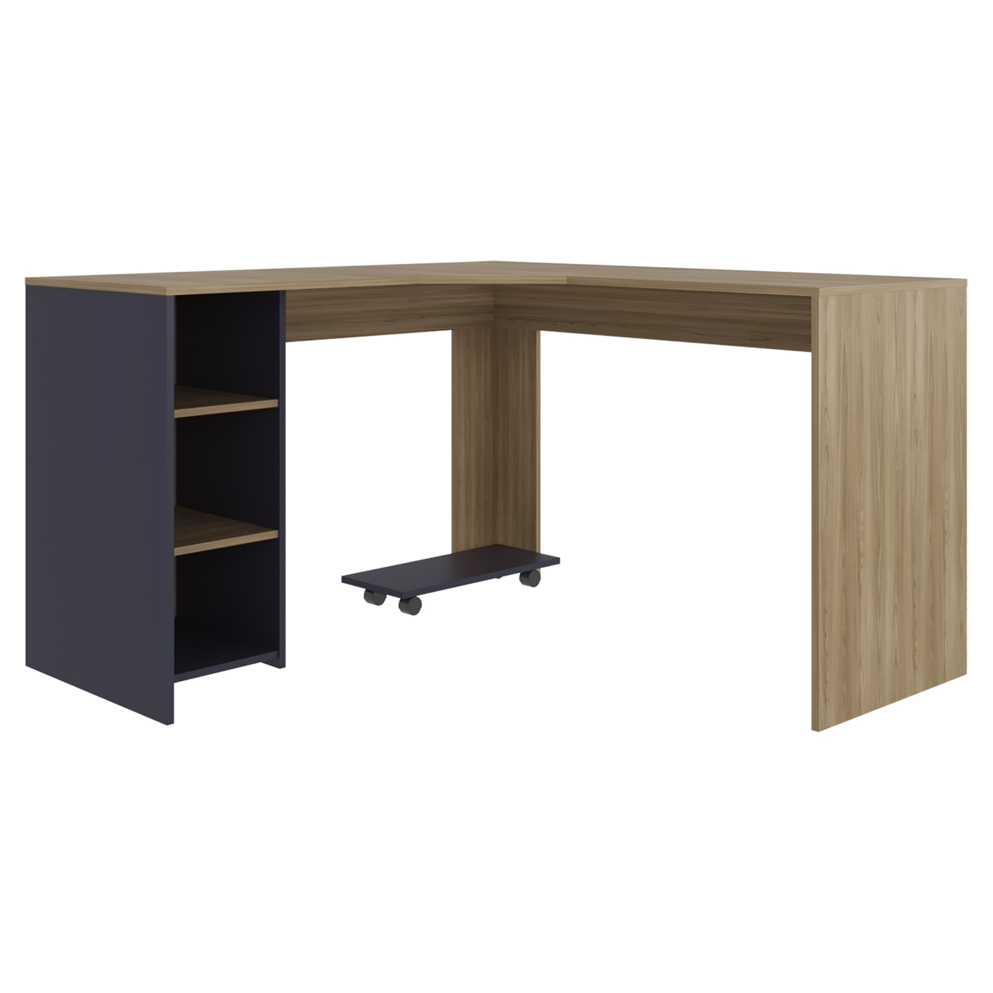 Fm Furniture - Escritorio En L Con Base Para Cpu Café Claro Y Azul 76,5x130x130 Cm