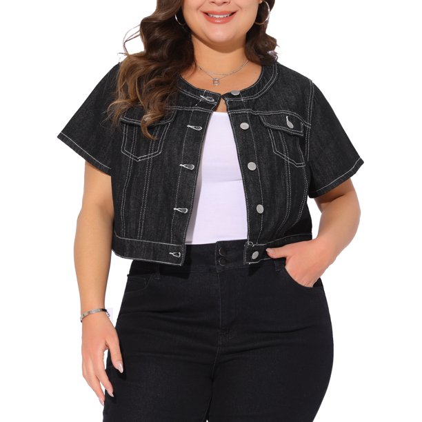 Agnes Orinda Chaqueta de Mezclilla Recortada para Mujer de Talla Grande para Escuela o Universidad, Cuello Redondo, Abotonada, de Manga Corta, Casual, con Decoración de Bolsillo, 2X Negro