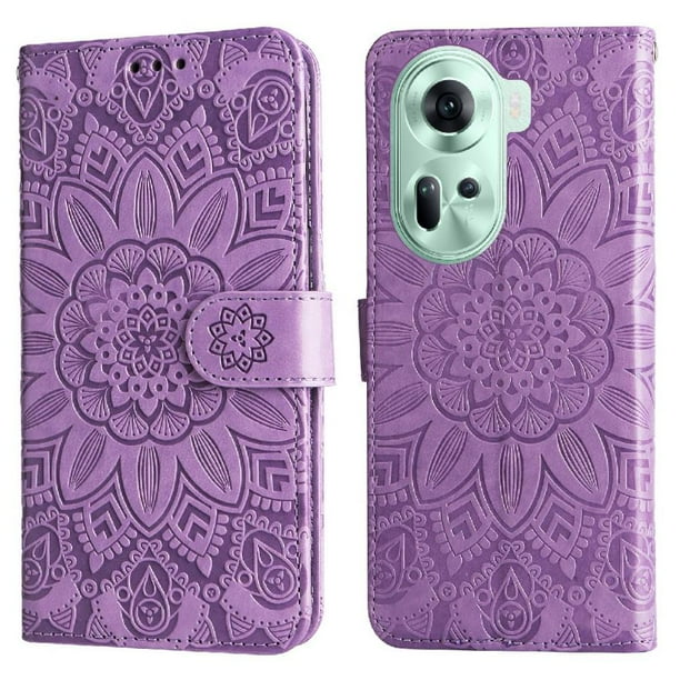 Funda tipo cartera FOXDOCK para OPPO Reno 11 5G , diseño girasol en relieve, cuero PU, cierre magnético, soporte y tarjetero