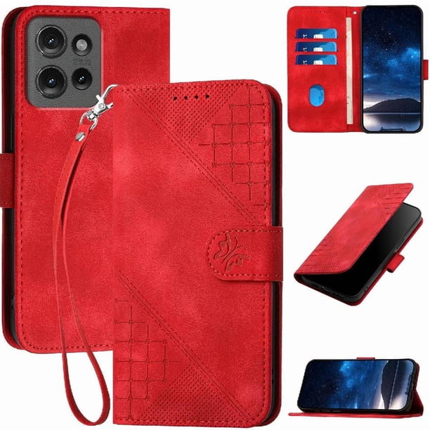 Funda Flip Premium Fibra de Carbono para Motorola Edge 50 con Soporte y Cierre Rojo