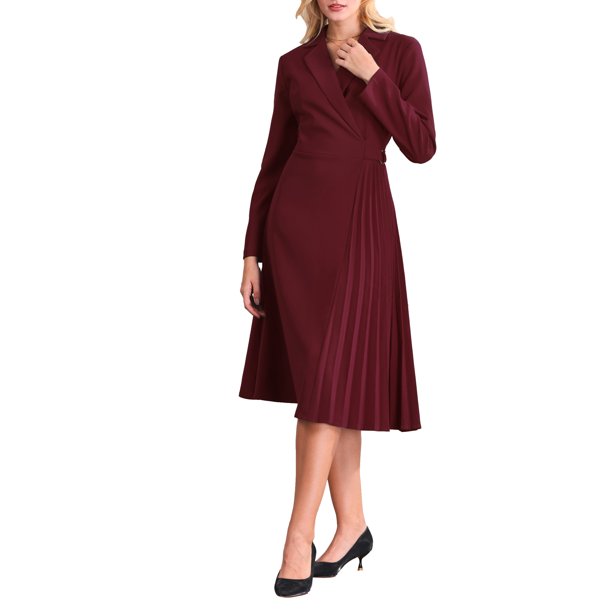 INSPIRE CHIC Vestido Midi Plisado de Línea A con Cuello Envolvente y Solapa para Mujer, Manga Larga, Talla M, Rojo Vino