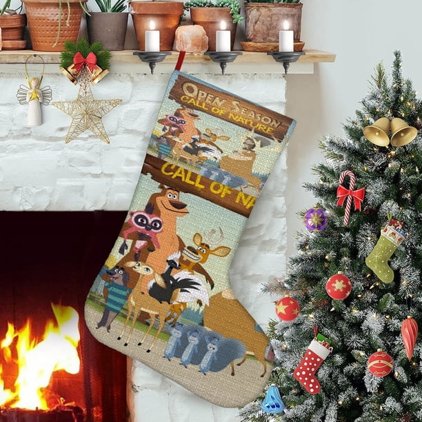 Temporada de Caza Llamada de la Naturaleza Tema: Calcetines de Navidad, fino lino blanco para colgar en escaleras y chimenea, decoración navideña para el hogar, regalo de Navidad.54cm×38cm