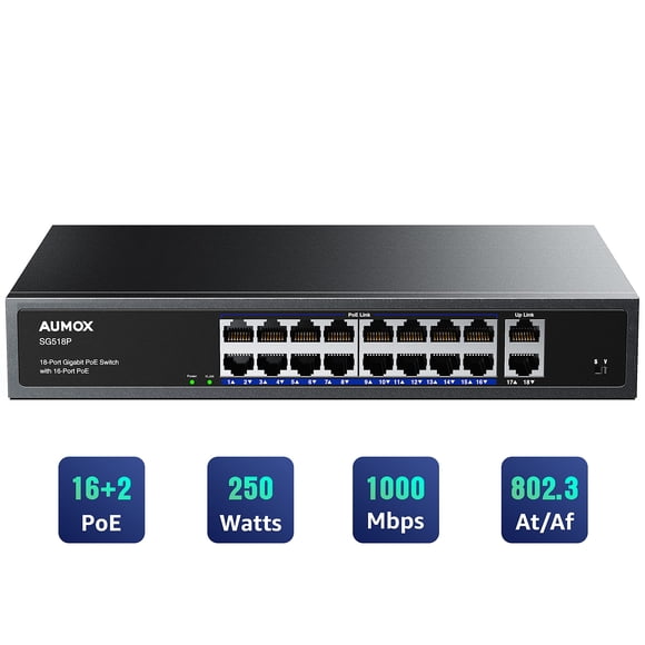 Conmutador Ethernet Gigabit PoE Aumox SG518P de 18 puertos y 250 W