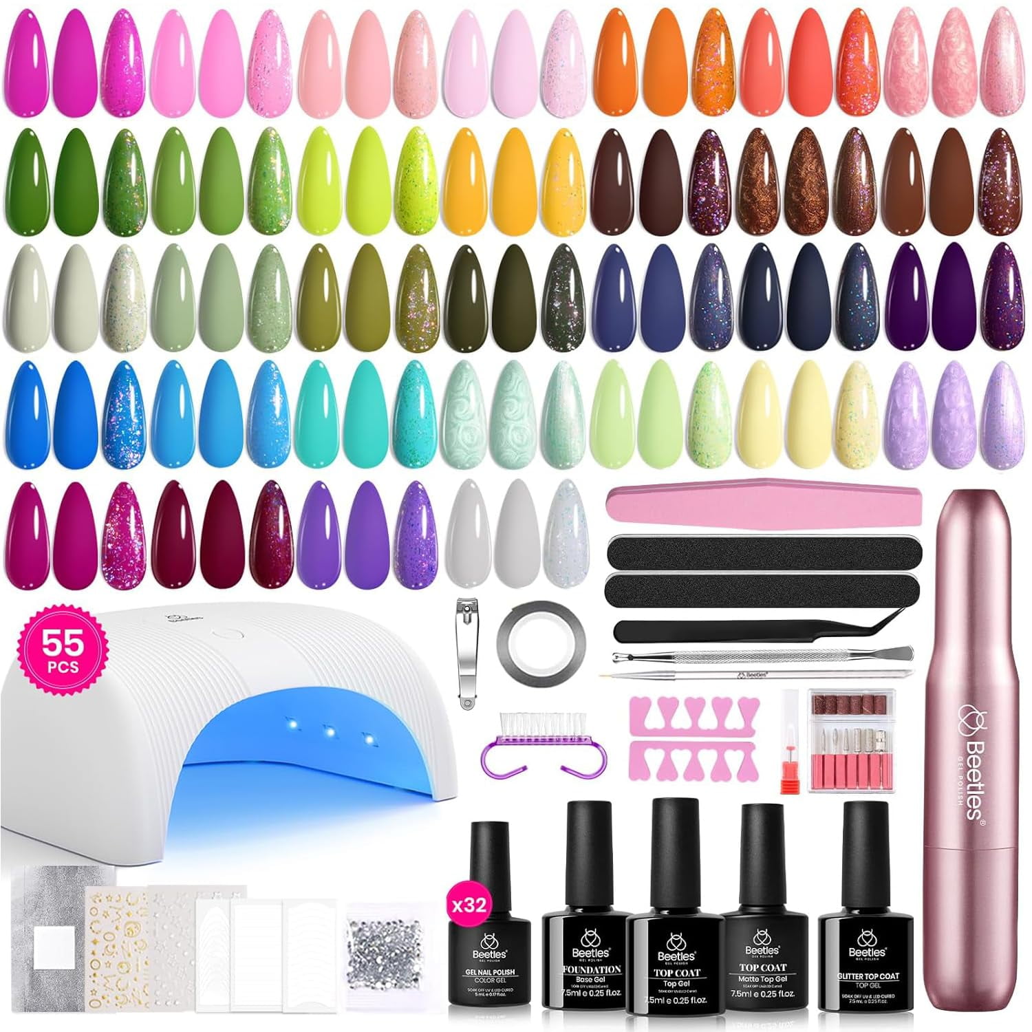 Beetles Gel Polish - Kit De Esmalte En Gel Beetles De 55 Piezas Con Lámpara Uv Y Torno Eléctrico